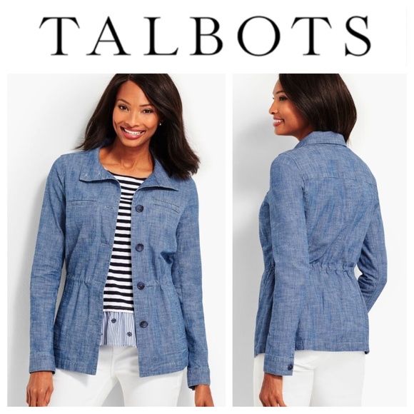 Talbots Jackets & Blazers - Talbots Jacket Coat Sz XL 14 16 Chambray Blue Twill Utility Safari Stretch